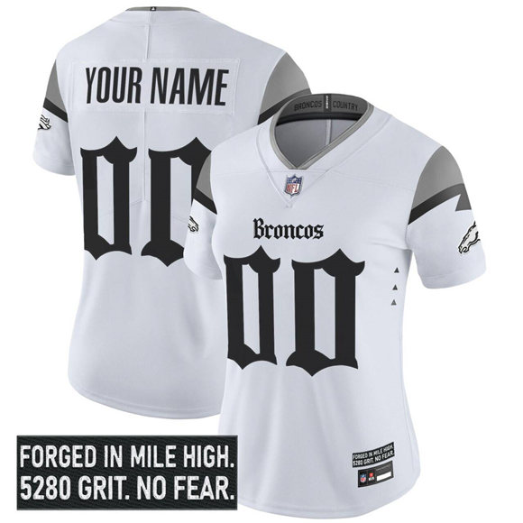 Women's Denver Broncos Active Player Custom White 2025 F.U.S.E. With 1-Star C Patch 'Gothic Mile High Shadows Edition' Vapor Limited Stitched Football Jersey(Run Small)